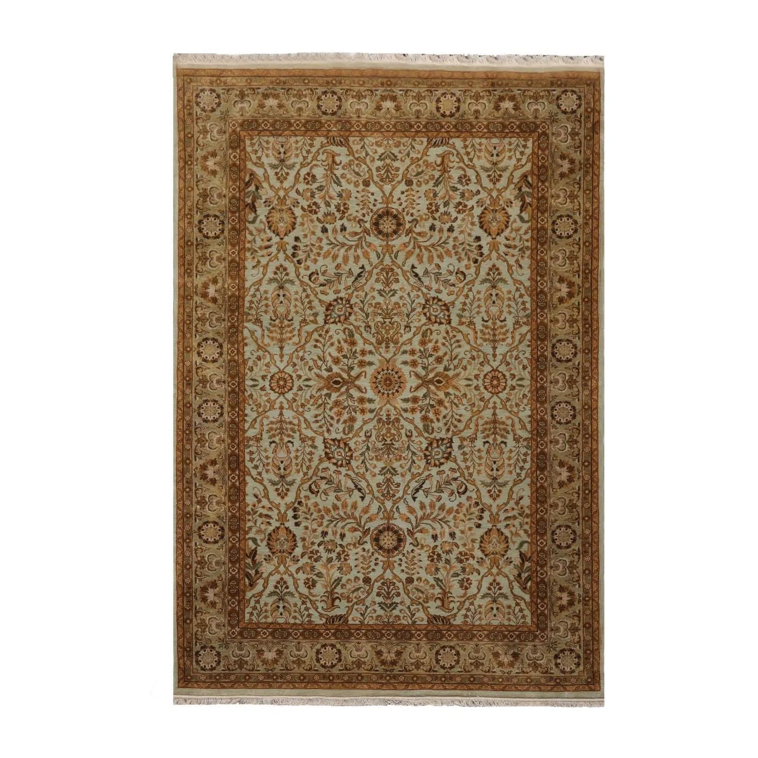 6' x 9' 1'' Hand Knotted 100% Wool Agra Traditional 250 KPSI Oriental Area Rug Aqua, Champagne Color